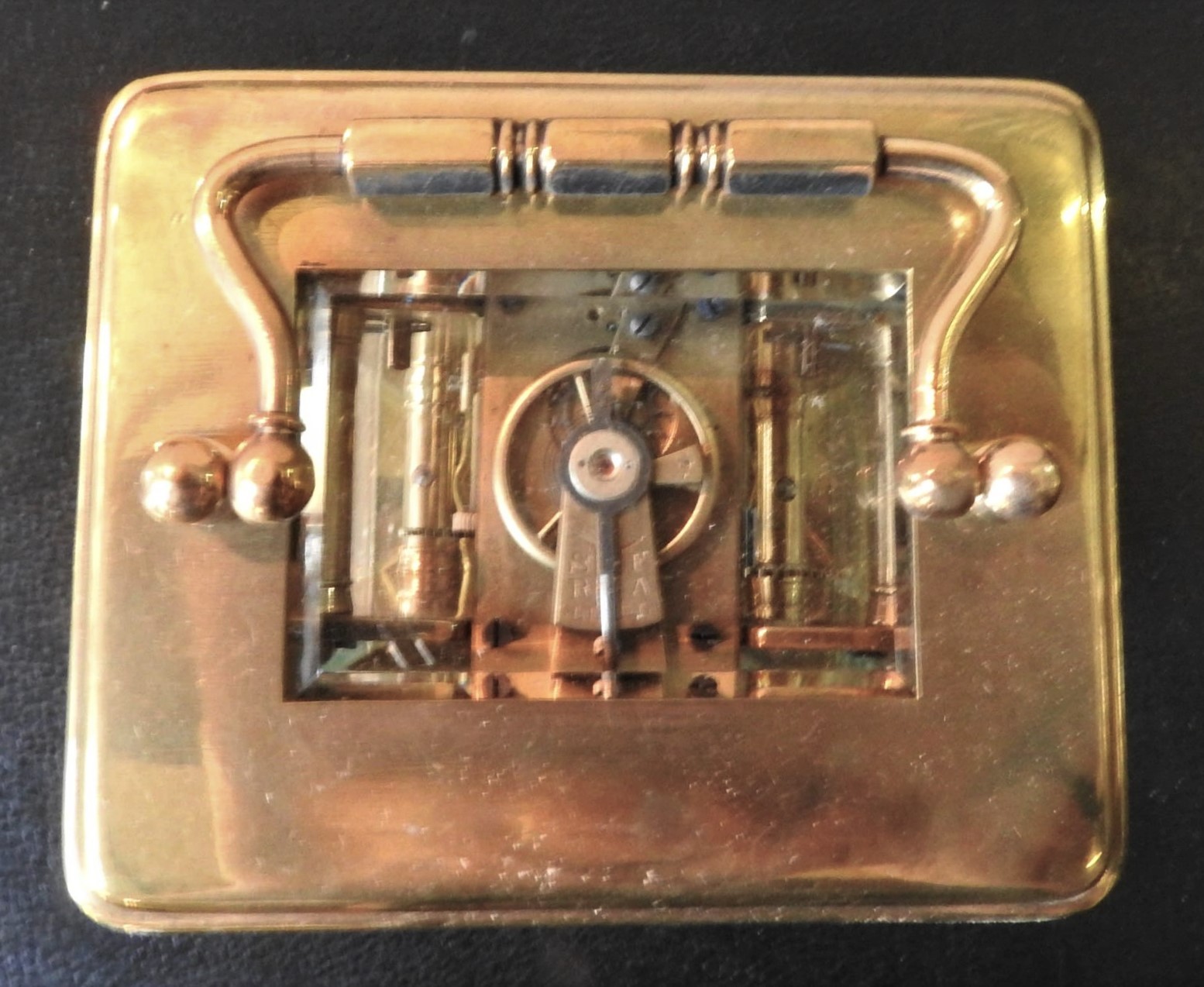 A FRENCH BRASS CARRIAGE CLOCK WITH CARRY CASE AND KEY, inscribed F.A Chandler, Paris, 15 cm high - Image 3 of 4