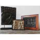 TWO 20TH CENTURY CHINESE CARVED STONE PANELS AND CARVED WOODEN PANEL DEPICTING BUDDHA, the wooden