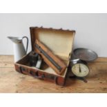 A VINTAGE CASE, SNOOKER SCORE BOARD, ENAMEL WARE AND SCALES