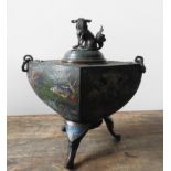 CHINESE CLOSINNE BRONZE TRIPOD CENSER AND COVER LATE QING DYNASTY the pierced cover surmounted by