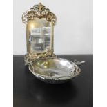 AN ORNATE SILVER GILT ART NOUVEAU-STYLE TABLE MIRROR AND BIRD DECORATED ART NOUVEAU-STYLE METAL BOWL