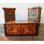 A VICTORIAN WALNUT & ROSEWOOD JEWELLERY BOX AND A PAIR OF BAMBOO COVERED TRINKET CABINETS, the box