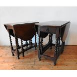 AN OAK 19TH CENTURY TURNED LEG DROP-LEAF TABLE AND AN OAK BARLEY TWIST GATE-LEG TABLE, the larger