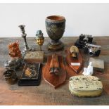 TWO HUNTING TROPHIES, VINTAGE CAMERAS, OIL LAMP BASE AND SOPASTONE ORNAMENT, along with four various