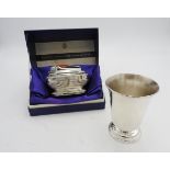 A BOXED RONSON VARAFLAME TABLE LIGHTER AND SILVER PLATED CHRISTOFLE BEAKER, the beaker 8.5 cm