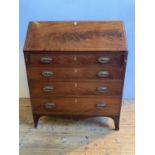 LATE GEORGE III MAHOGANY CROSSBANDED BUREAU, CIRCA 1810 FULL FRONT FITTED INTERIOR, FOUR LONG