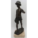 A FRENCH BRONZE FIGURE OF WALKING BOY, dark brown patina, on marble base, 43 cm high