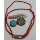 A CORAL NECKLACE WITH A MOURNING LOCKET CLASP, TWO VINTAGE HALLMARK SILVER VALENTINE BROOCHES AND