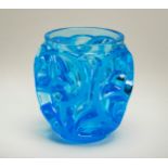 A LALIQUE PALE BLUE TOURBILLONS GLASS VASE, in original box, 13 cm high, 11 cm dia