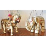 TWO CARVED WOODEN STRING PUPPETS OF HORSE AND ELEPHANT