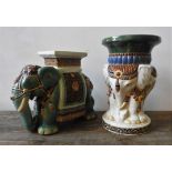 TWO CERAMIC ELEPHANT DECORATED STOOLS, the tallest measuring 49 cm high