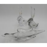 A PAIR OF VAURES FRENCH ART GLASS CRYSTAL RABBIT FIGURES AND A GLASS BOWL IN THE FORM OF A BIRD, the