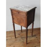 A 19TH CENTURY CROSS BANDED MARQUETRY INLAID MARBLE TOP POT CUPBOARD, with swag decoration to door