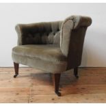 A VICTORIAN MAHOGANY FRAMED BUTTON BACK TUB CHAIR, upholstered in light green material with