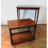 A 19TH CENTURY MAHOGANY INLAID 2-TIER OCCASIONAL TABLE AND A MARQUETRY INLAID WALNUT 2-TIER TABLE,