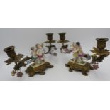 A PAIR OF 19TH CENTURY ORNATE GILT METAL CHERUB DECORATED TWIN BRANCH TABLE CANDELABRA, with