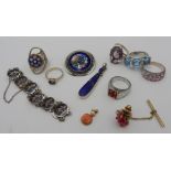 THREE SILVER DRESS RINGS, SILVER LAPIS LAZULI PENDANT, SWAROWSKI RINGS AND SILVER BRACELET, with