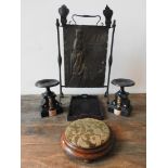 A BRASS & WROUGHT-IRON FIRE SCREEN, TWO VICTORIAN SLATE GARNITURES, CARVED TRAY AND FOOT STOOL,