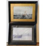 TWO SIGNED WATERCOLOURS OF JAPANESE HARBOUR SCENE AND JUNK IN STORMY SEAS, signed in bottom right