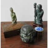 20TH CENTURY HARDSTONE FIGURE, KOI CARP DECORATED TRINKET BOX AND A 'FOUR FACES' BUDDHA PAPERWEIGHT,