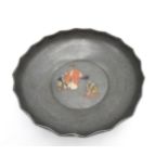JAPANESE PEWTER AND ENAMEL LOW BOWL MEIJI PERIOD impressed seal mark, 18.5cm wide