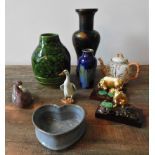A BURSELM POTTERY VASE, TWO CERAMIC DUCK FIGURES, LARGE GREEN GLAZED POTTERY VASE AND HEART SHAPED
