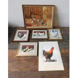 DICK BASSETT 'MIXED BAG' OIL ON BOARD, FOUR SARAH BORG WATER COLOURS OF CHICKENS AND MOUNTED WATER