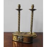 A PAIR OF BRASS BARLEY TWIST CANDLESTICKS AND 19TH CENTURY OVAL BRASS BOX, the candlesticks