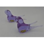 TWO MURANO AMETHYST COLOUR GLASS SWALLOW ORNAMENTS, in Alexandrite Neodymium with original Murano