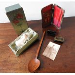 A VINTAGE WAX DOLL'S HEAD, HAND CARVED SPOON, TWO SNUFF BOXES AND CARD CASE, the case containing a