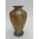 A JONATHAN HARRIS ART GLASS FEATHER EFFECT VASE, etched signature and date on base, 17.5 cm high