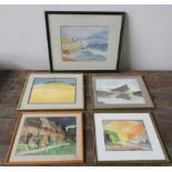 SIGNED PORTUGEUSE COASTAL WATER COLOUR AND FOUR VARIOUS RURAL SCENE SIGNED WATER COLOURS