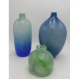 THREE BLUE AND GREEN CONTEMPORARY ART GLASS VASES, the tallest measuring 32 cm high