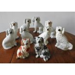 FOUR PAIRS OF VICTORIAN STAFFORDSHIRE SPANIELS AND TWO OTHER SPANIEL FIGURES, the tallest
