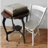 MAHOGANY TWO TIER CENTRE TABLE, PAINTED OXFORD BACK CHAIR AND NEEDLEPOINT FOOTSTOOL, the table