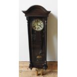 A MAHOGANY CASED DOUBLE WEIGHT WALL CLOCK, with two weights, pendulum and key, the case with