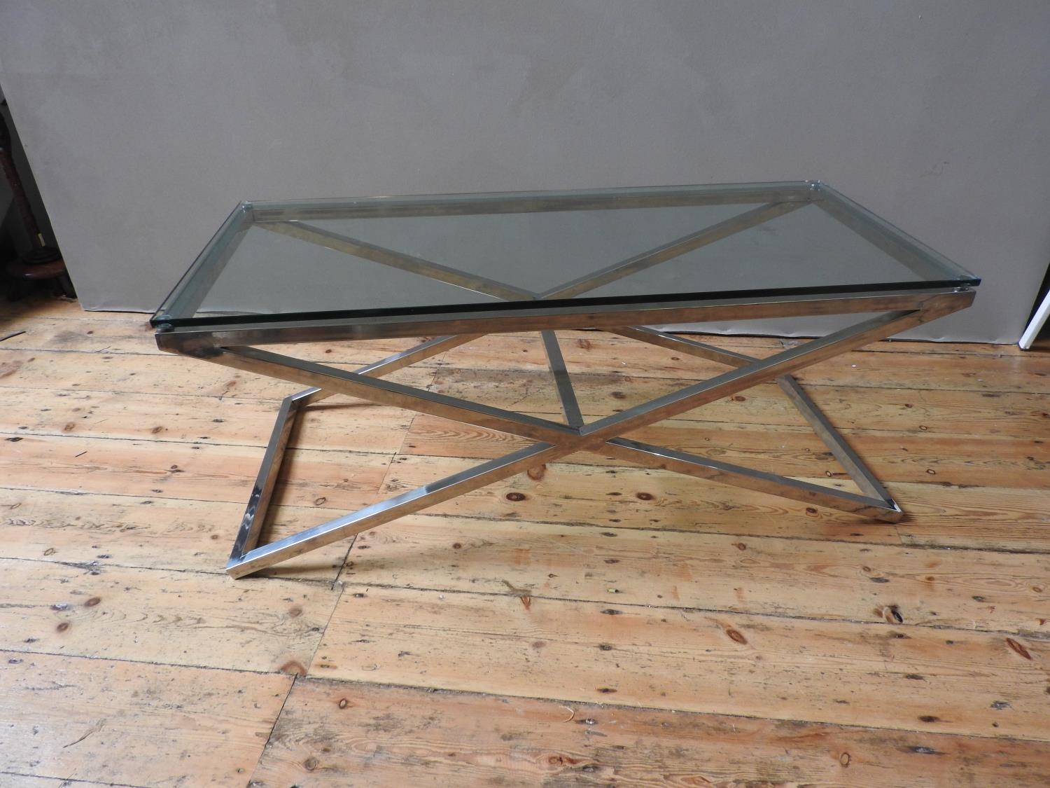 GLASS TOP CHROME BASE COFFEE TABLE (45cm high, 52cm wide, 113cm long)