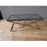 GLASS TOP CHROME BASE COFFEE TABLE (45cm high, 52cm wide, 113cm long)