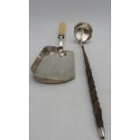 A HALL MARK SILVER CRUMB TRAY AND A SILVER SAUCE LADLE