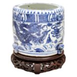 CHINESE BLUE AND WHITE 'DRAGON' CENSER MING OR LATER the cylindrical sides painted in tones of