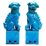 PAIR OF TURQUOISE-GLAZE BUDDHISTIC LIONS LATE QING DYNASTY modelled as the female with a pup playing