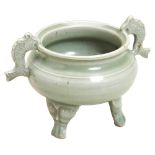 FINE 'LONGQUAN' CELADON-GLAZE TRIPOD CENSER MING DYNASTY, 14TH CENTURY the rim applied with two fish