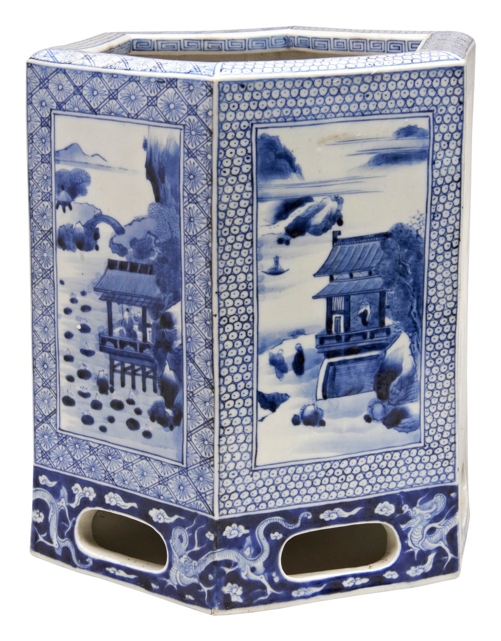 LARGE BLUE AND WHITE HEXAGONAL JARDINIERE QING DYNASTY, 19TH CENTURY the sides finely painted