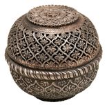 INDIAN SILVER POT POURRI BOX IN THE MUGHAL STYLE NORTH INDIAN, 19TH CENTURY the cover pierced with