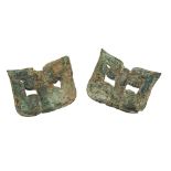 PAIR OF TAOTIE-MASK BRONZE HARNESS ORNAMENTS, HAN DYNASTY WARRING STATES 8cm wide PROVENANCE: