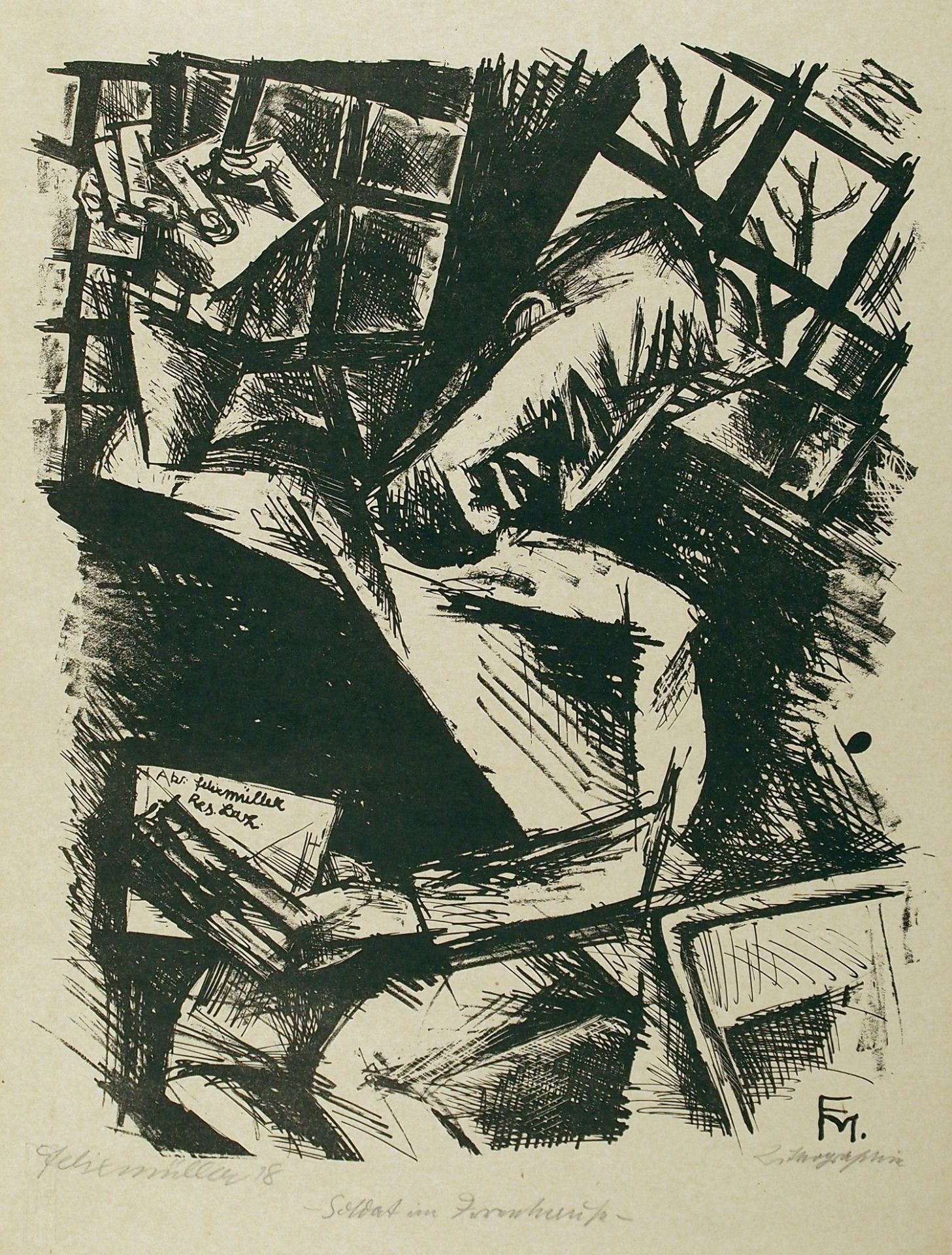 Conrad Felixmüller Dresden 1897 - 1977 Berlin Soldat im Irrenhaus (II). Umdrucklithographie. 1918.