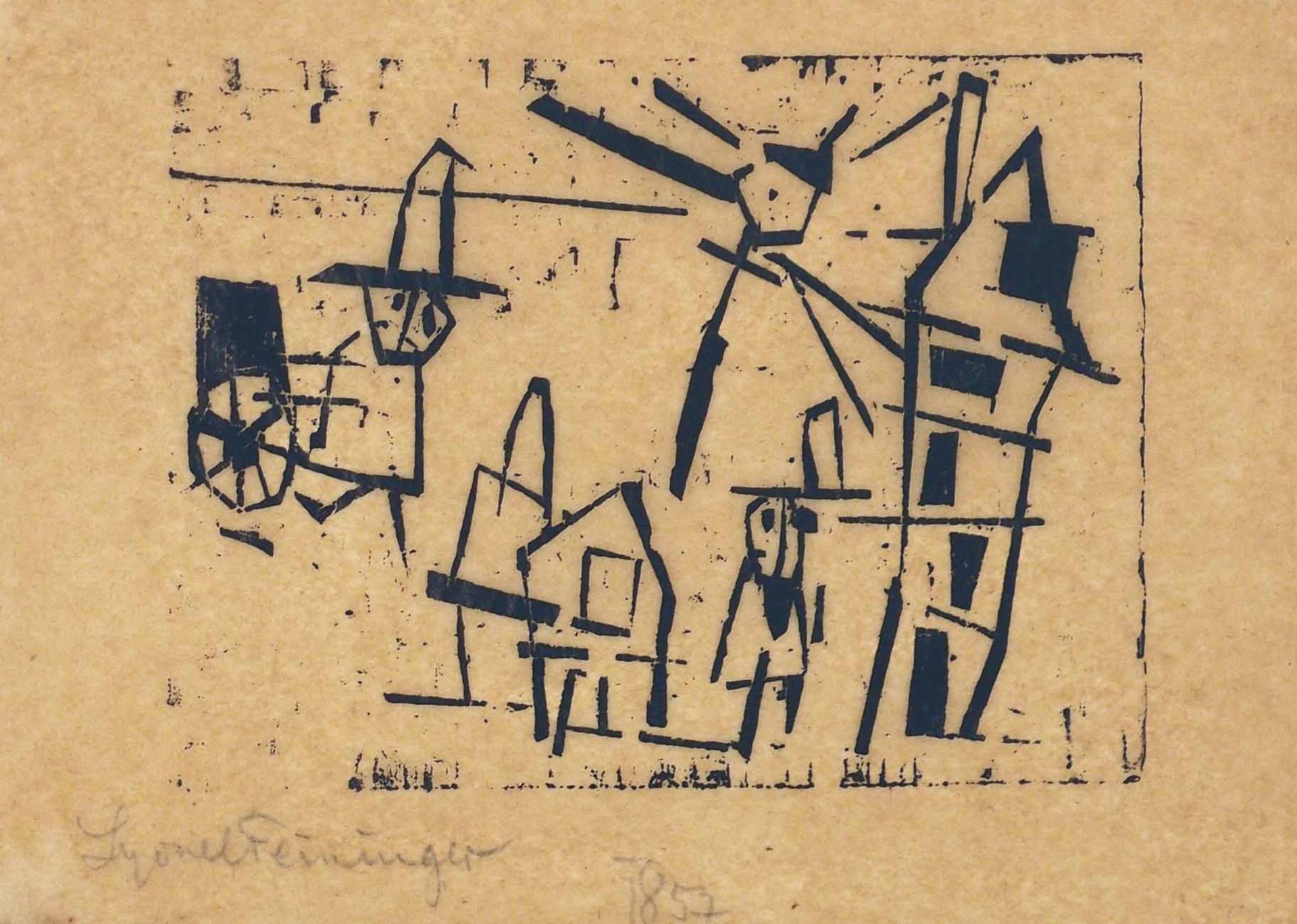 Lyonel Feininger New York 1871 - 1956 New York Männer, Häuser, Laterne und Schiebekarren (