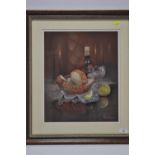 A still life pastel by Ruskin-Browne titled 'Bread & Wine' 56cm x 63cm including frame