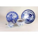 Collection of blue and white Chinese ceramics inc. teapot, footed pot and two chargers
