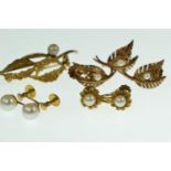 Three pairs of 9ct gold & pearl earrings & one single 9ct gold & pearl earring, all with screw back